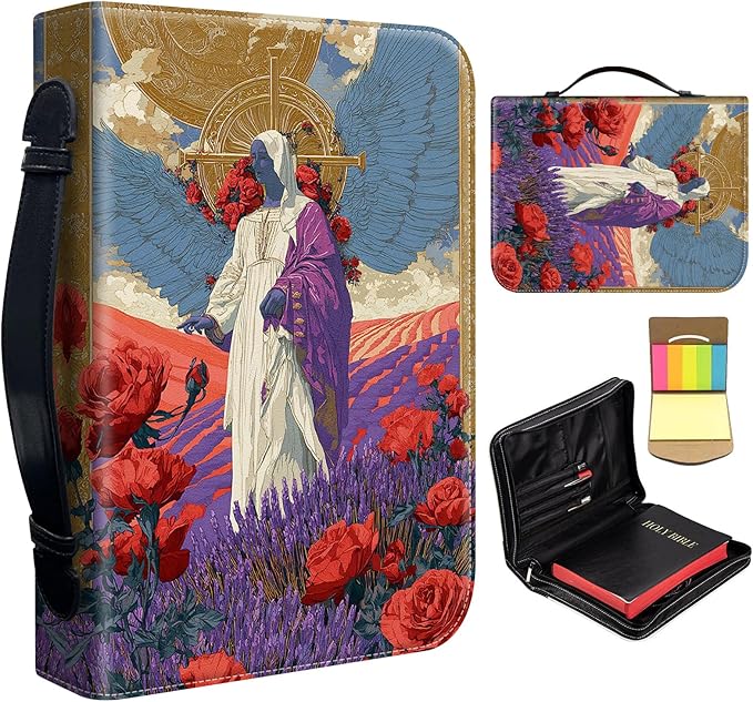 Bible Cover for Men Women,Large Leather Bible Case Fit Book Up to 11x8x2 Inch,Virgin Mary in Rose Garden Bible Covers Bible Carrier Church Bags w/Handle & Zipper