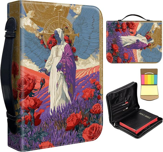 Bible Cover for Men Women,Large Leather Bible Case Fit Book Up to 11x8x2 Inch,Virgin Mary in Rose Garden Bible Covers Bible Carrier Church Bags w/Handle & Zipper