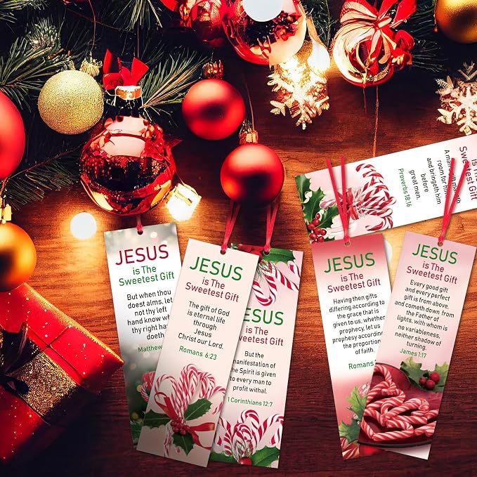 Cholemy 200 Pcs Jesus is The Sweetest Gift Bookmarks Christmas Christian Paper Bookmark Bible Candy Cane Religious Inspirational Bookmarks for Sunday School Classroom Reading Rewards