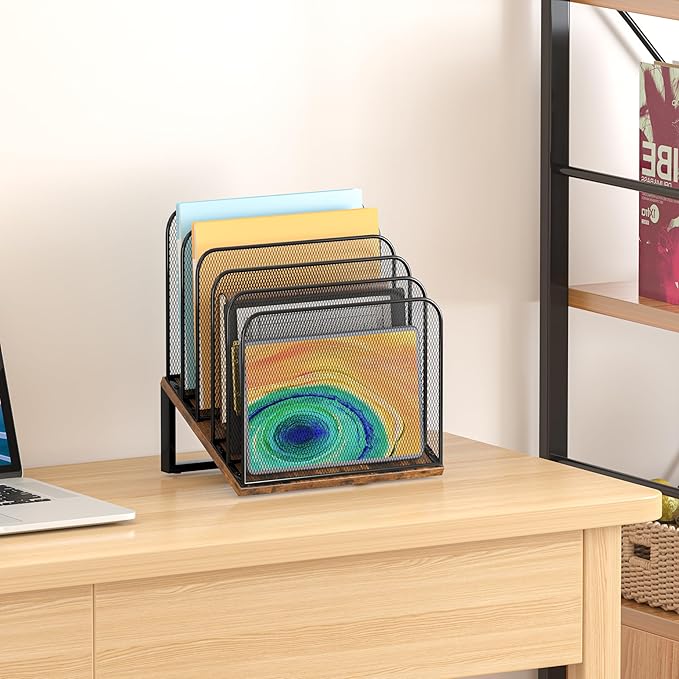 Piskyet Wooden Desk File Organizer, 5-Section Vertical File Folder Holder Stand,Metal Mail Paper Chromebook Organizer for Teacher Desk Office Classroom Desktop Organization（Inclined）