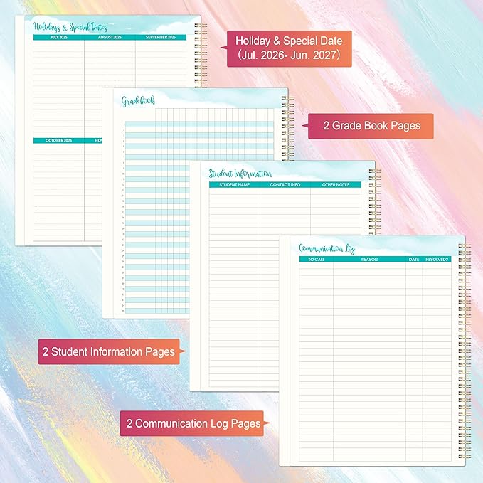 Teacher Planner 2026-2027 - 2026-2027 Weekly & Monthly Lesson Plan Book with Colorful Tabs, July 2026 - June 2027, 9" x 11", Academic Planner 2026-2027 with Twin-Wire Binding for Teachers - Watercolor