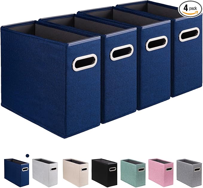4 Pack Letter Size File Storage Box Collapsible, Fabric Hanging File Folders Organizer, Portable Office Document Holder with Metal Handle, Smooth PVC Rails, Blue