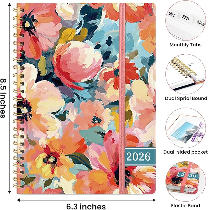 2026 Planner, Weekly and Monthly Planner for Women, Jan 2026 - Dec 2026 Pretty 2026 Calendar Planner with Monthly Tabs, Inner Pocket, Spiral Binding, Perfect for Office Home School - 6.3" x 8.5", Pastel Garden