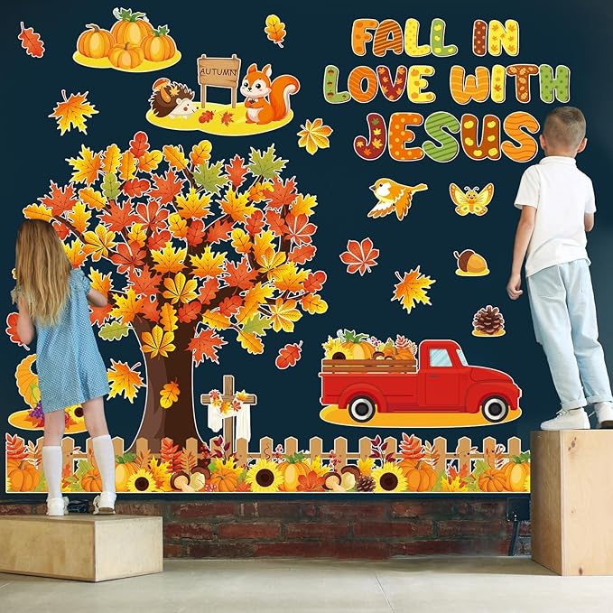 gisgfim Fall Thanksgiving Bulletin Board Decorations Fall in Love with Jesus Paper Cutout Christian Tree Bulletin Board Set for Religious Autumn Church Sunday School Classroom Home Wall Decor Supplies
