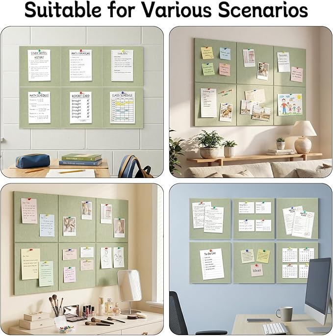 Thboxes Large Cork Board 36" x 24", 6 Pack Felt Wall Tiles with Colored Pushpins, Bulletin Board with 40 Safe Removable Adhesive Tabs, Pin Board Cork Boards for Walls Home Office Decor - Sage