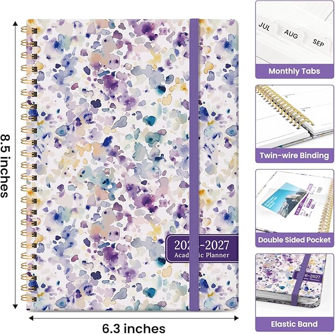 Planner 2026-2027, Academic Year Monthly and Weekly Calendar Planner, Jul 2026 - Jun 2027, Hardcover Teacher Student Planning Agenda book with Tabs, Perfect for School Office Supplies, 6.3" x 8.5" - Purple Blocks