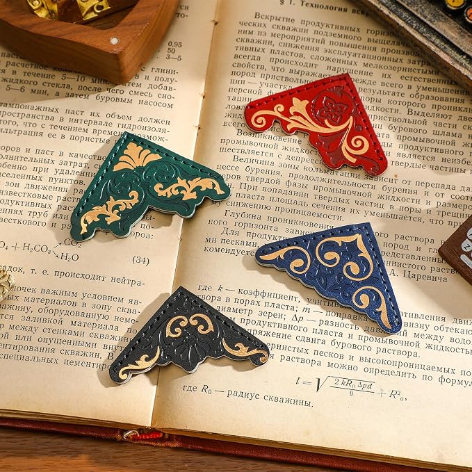 4 PCS Vintage Leather Bookmarks, Elegant Gold Stamped Corner Bookmark Retro Pattern Book Mark Book Accessories Gifts for Book Lovers Women Girls