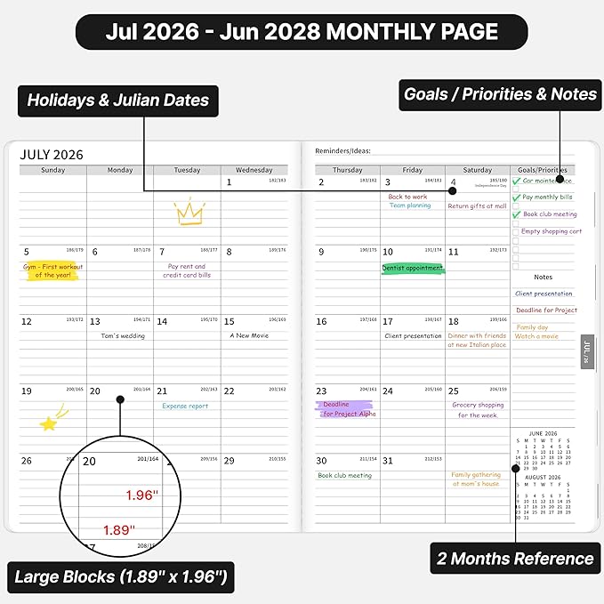 2026-2028 Monthly Planner, 2 Year Calendar Planner, Jul 2026 - Jun 2028, 8.3'' x 11'', 24 Months, Embossed Cover, with Printed Tabs ＆Pocket, Elastic Closure, Organizer for Office Home School, Black