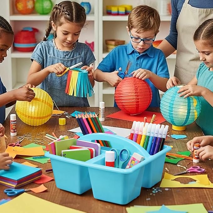 AceOrbit 4 Pack Pastel Classroom Caddy with Handle 9x9x5 Inch Pink Blue Plastic Classroom Desk Caddy Organizer with 3 Compartments for Pencil Crayon Marker Storage, Home Teacher Office School Supply