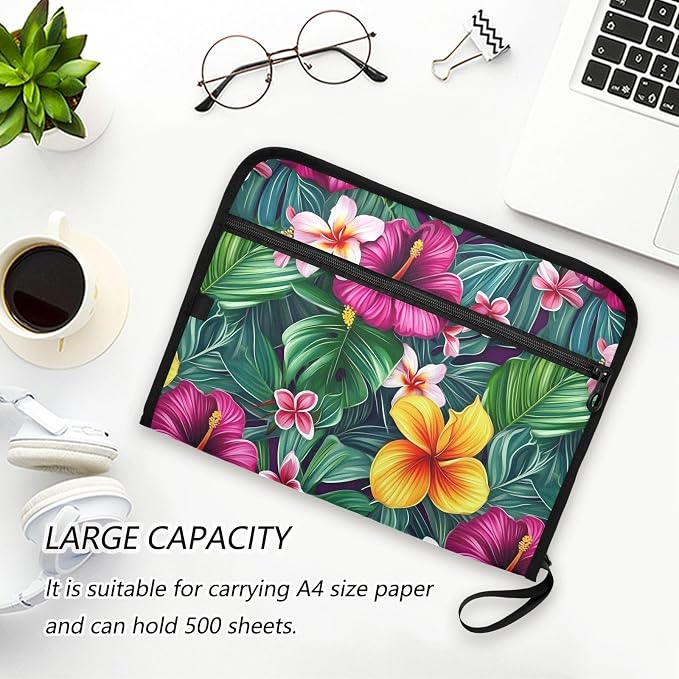 13 Pockets Expanding File Folder Hawaii Floral Palm Leaves Accordion File Organizer A4 Letter Size Paper Document Storage Zipper Expandable Folders with Labels
