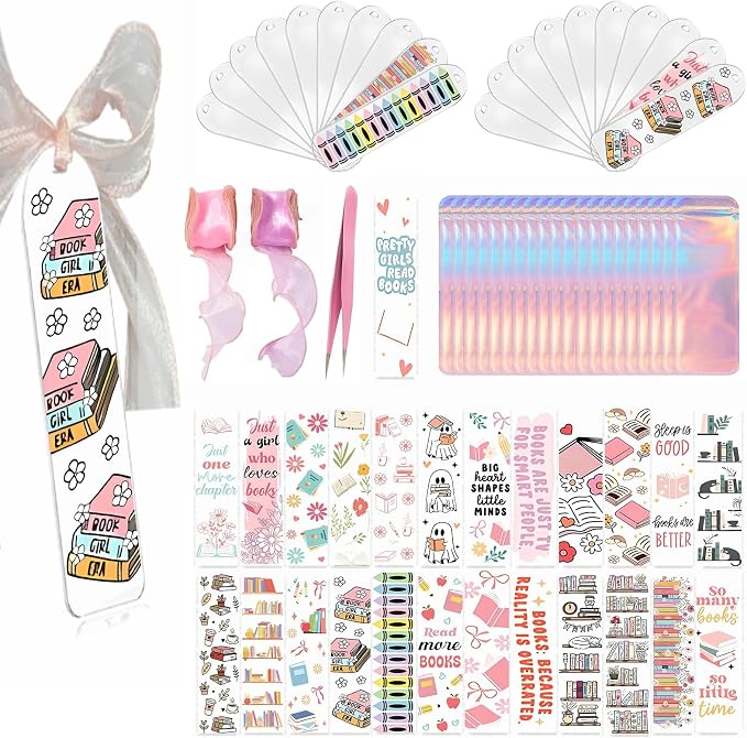 Qrhky 86PCS Acrylic Bookmark Blanks Kit, 20PCS Blank Bookmarks with 25PCS Book Lover UV DTF Sticker, 20PCS Ribbon, 20 Holographic Bags, 1PCS Tweezers, Clear Bookmark Kit for DIY and Gifts