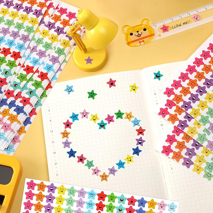 JANYUN Star Stickers, 6750Pcs Happy Smile Face Stickers 15 Designs Students Reward Chart Behavior Labels for DIY Crafts Scrapbooking School Office Supplies