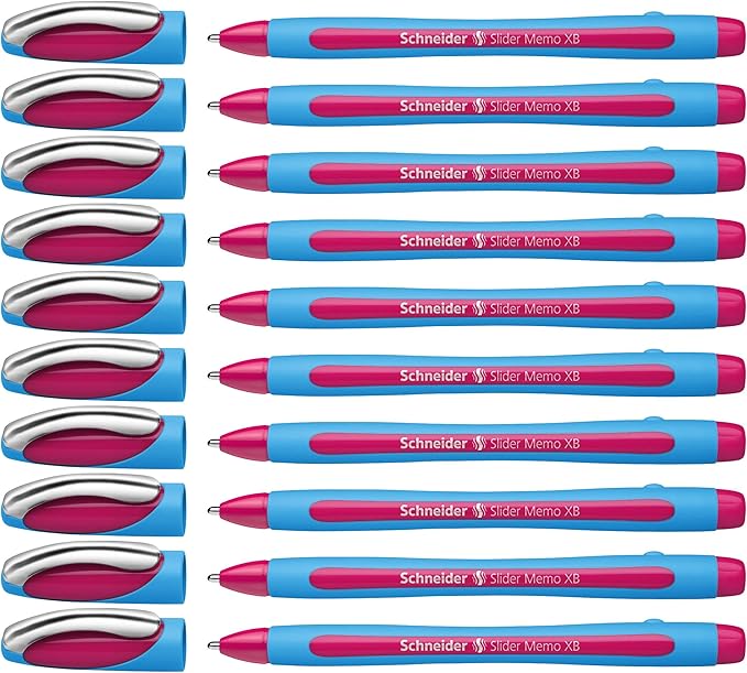 Schneider Slider Memo XB (Extra Broad) Ballpoint Pen, 1.4 mm, Light Blue Barrel, Pink Ink, Box of 10 Pens (150209)