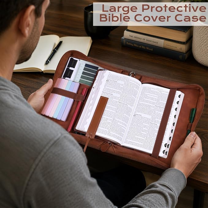 XKDOUS Bible Cover Case Leather Book Carrying Case Large Bible Bag Organizer with Cross, Handle, Pens, Tabs, Study Supplies Journaling Kit Father Day Christian Gifts for Dad, Mom, Men, Women