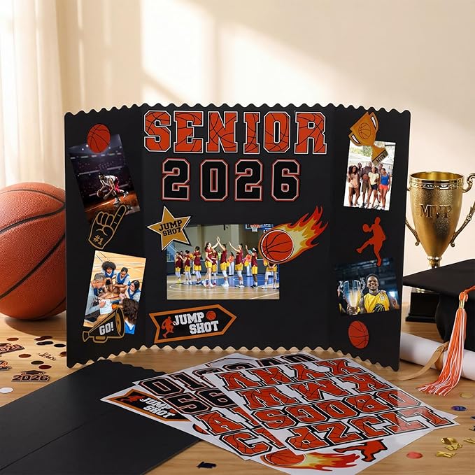 Tinlade 3 Set Basketball Senior Night Gifts Senior 2026 Photo Display Board 24" x 16" Trifold Poster Board with Basketball Themed Stickers for Graduation Picture Frame Sport Theme Party Supplies