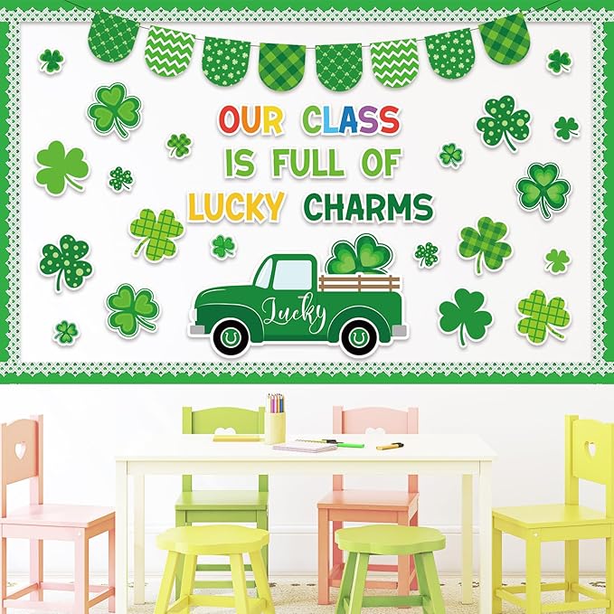 JarThenaAMCS St. Patrick' s Day Bulletin Board Classroom Decorations Set Our Class is Full of Lucky Charms Shamrock Irish Clover Truck Paper Cutouts for School Classroom Chalkboard Wall Decor Supplies