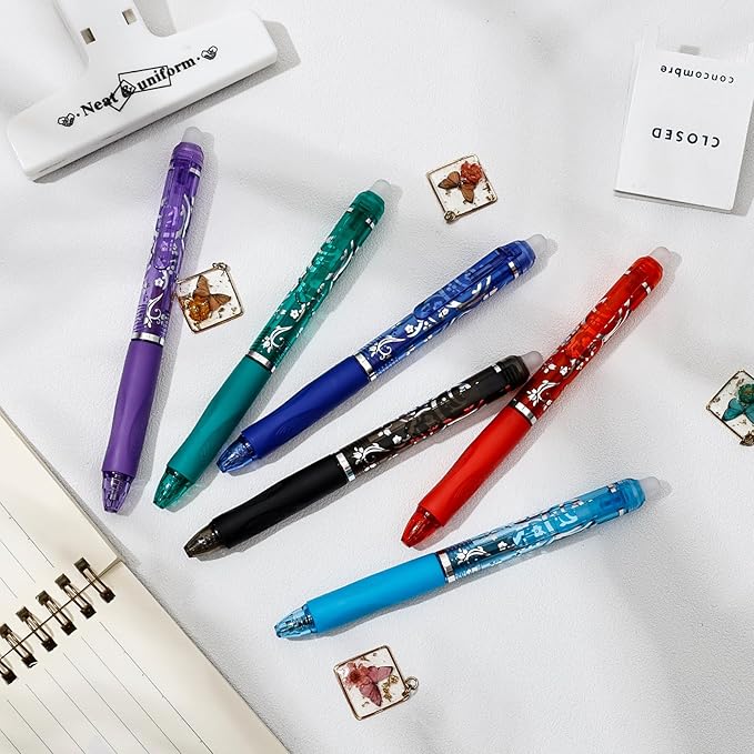 6 Colors Retractable Erasable Pens, Colored Gel Ink Pens Clicker with Erasers, 0.5mm Fine Point Smooth Writing Pen for Journaling Note-Taking Crossword Puzzles Supplies (Multicolor)