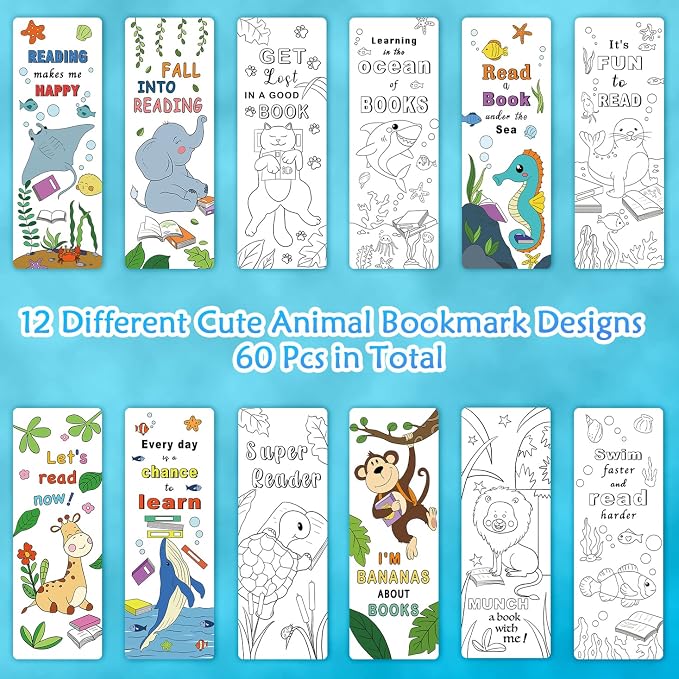 60 PCS Anseal Color Your Own Bookmarks Bulk, DIY Bookmarks for Teens, Cute Animal Bookmarks for Reading Lover, 12 Styles Fun & Personalized Bookmark for Students, Classroom Rewards Supplies