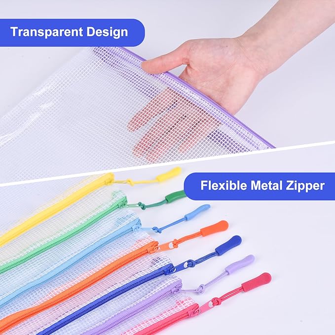 28Pcs Mesh Zipper Pouch Bags for Organizing, Waterproof Zipper Pouches in 8 Sizes, Multipurpose Mesh Pouch and Zipper Bags for Documents, School, Office, Home, and Travel Storage