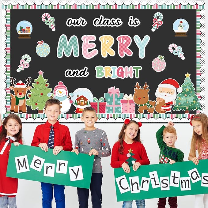Christmas Classroom Bulletin Board Decorations Santa Xmas Tree Snowflake Cutouts Our Class is Merry and Bright Paper Cutouts Xmas Classroom Decor for Wall Chalkboard Decor Supplies