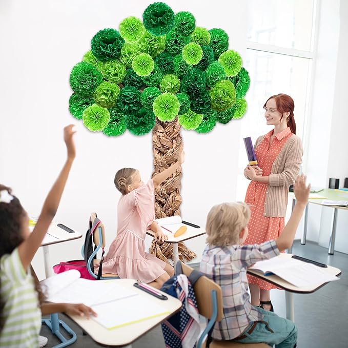 Christmas Tree Bulletin Board Set DIY 3D Tree with Paper Pom Poms Kraft Craft Xmas Bulletin Board Classroom 3D Wall Decorations for Holiday Party School Chalkboard Teacher Supplies(Green)