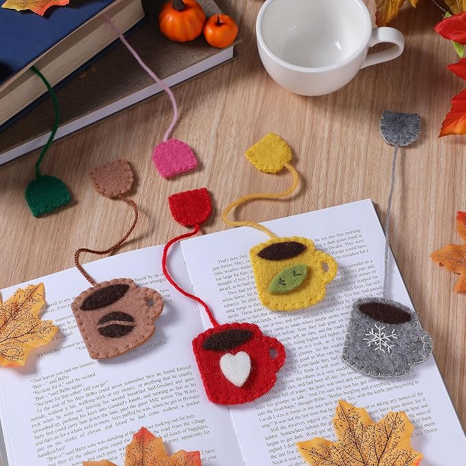Honoson 6 Pcs Cups and Tea Bag Felt Bookmarks Cute Hand Teapot Gift Mug Shape Hand Embroidered Bookmarks for Holiday Women Teacher Book Reading Lovers