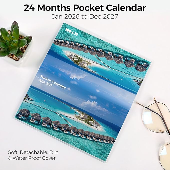 Pocket Calendar 2026-2027 for Purse, 2026-2027 Pocket Planner 24 Months with Soft Waterproof Cover and Premium Paper, 6.5" x 3.5", Beach