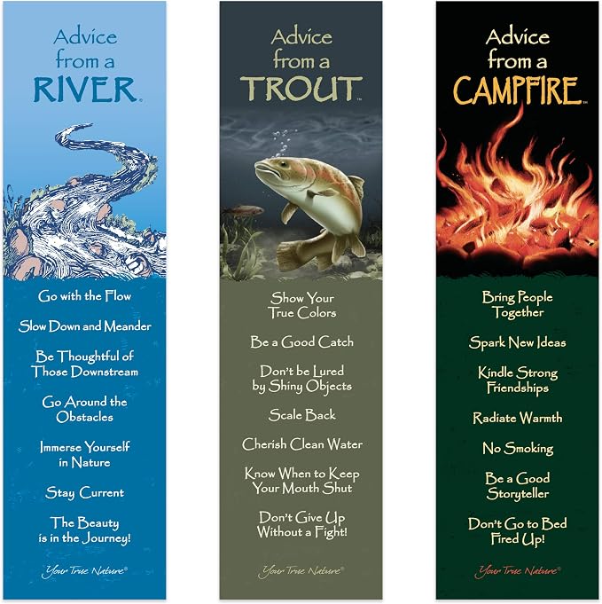 Advice 3 Bookmark Manly Set, Laminated with Glossy Finish, Printed on Recycled Paper, Campfire, Trout, River (AMBM-Man)