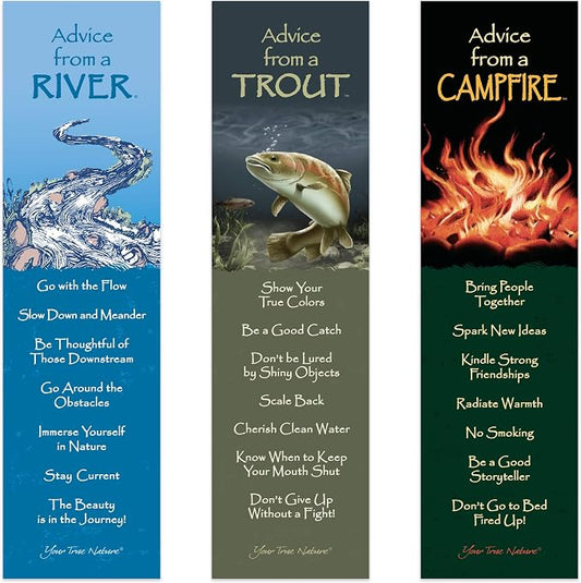 Advice 3 Bookmark Manly Set, Laminated with Glossy Finish, Printed on Recycled Paper, Campfire, Trout, River (AMBM-Man)