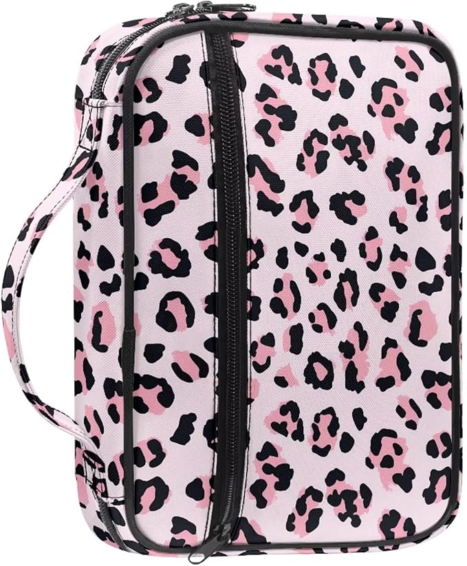 Leopard Pink Pattern Bible Covers for Women & Men, Bible Case and Organizer Bible Carrying Case with Zippered Pocket Bible Protective Bag