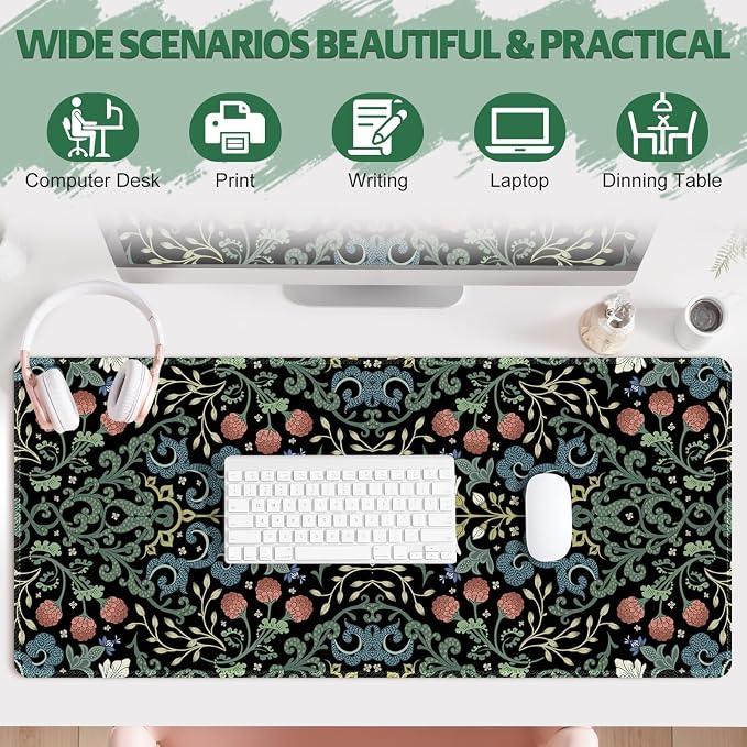 Desk Mat for Keyboard and Mouse, Large Non-Slip Mouse Pad Keyboard Pad, Computer Mats for Desktop, Desk Pad with Stitched Edges for Office, Gaming I Gothic Floral Morris Style