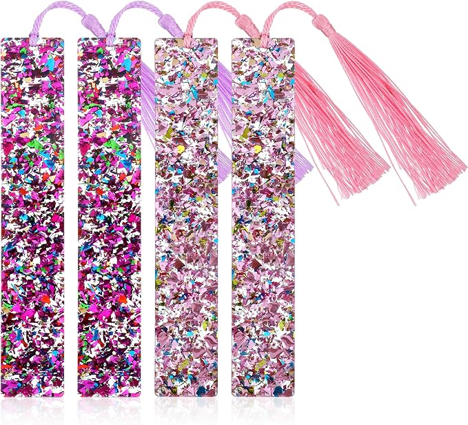 4Pcs Glitter Bookmarks for Girls, Acrylic Bookmark with Colorful Tassels for Women Girls Book Lovers Birthday Gifts Reading Presents (Purple+Pink)