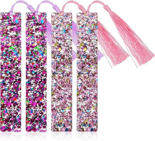 4Pcs Glitter Bookmarks for Girls, Acrylic Bookmark with Colorful Tassels for Women Girls Book Lovers Birthday Gifts Reading Presents (Purple+Pink)
