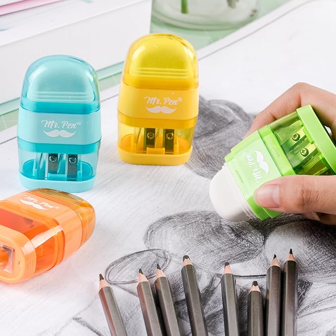 Mr. Pen- Pencil Sharpener & Eraser, 4 Pack, 2-in-1 Manual Sharpeners with Canister, 2 Sharpening Holes for Standard & Jumbo Pencils, Colorful Dual Hole Design for School, Office, Home, Kids