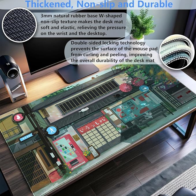 Kawaii Anime Cat Gaming Desk Mat Pad, Vibrant Green, XL 31.5"x15.7" | Mouse & Keyboard Pad, Stitched Edge, For Home Office & Computer Gaming Setup