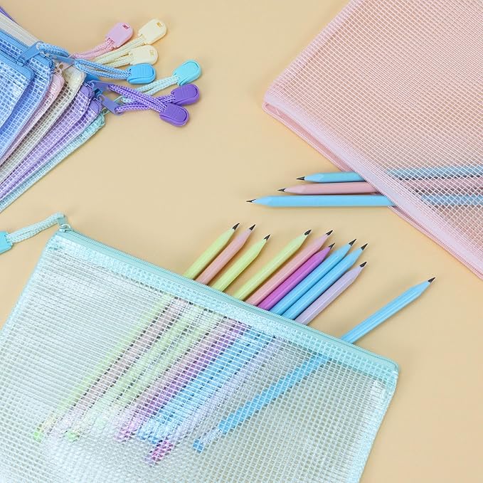 10 Pcs A5 Clear Zipper Pouch Bags - 5 Colors Plastic Mesh Storage Organizers for School Supplies, Office Travel Accessories & Classroom Organization