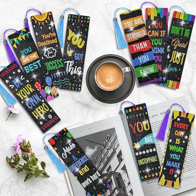 10 Pcs Christian Bible Verse Leather Diamond Painting Bookmark, DIY Book Makers for Adults Book Lovers, Diamond Art Beginners, Small Diamond Art Kits, Crafts Supplies Gift (Motivation)
