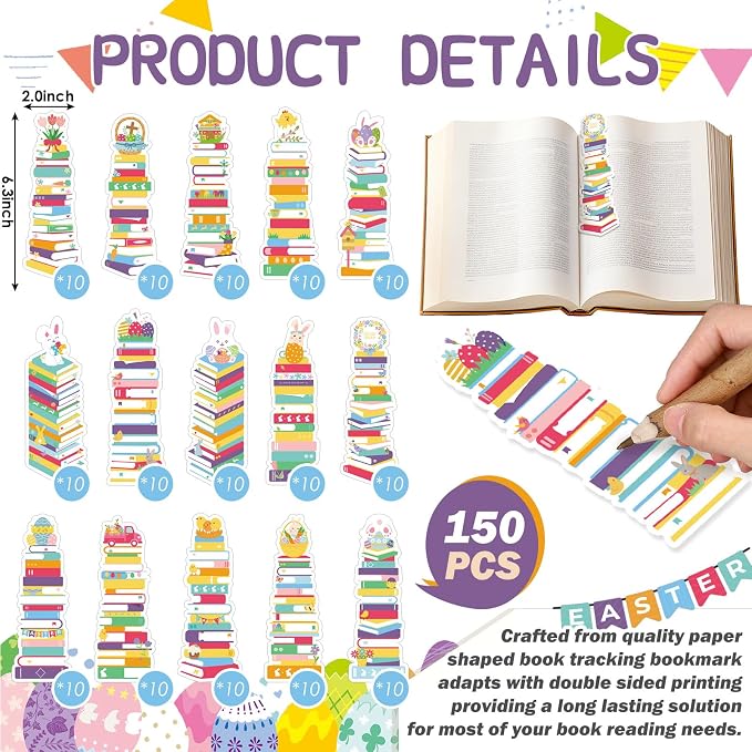 Kolldenn 150 Pcs Book Tracker Bookmarks Bulk 6.3 x 1.97 Inch Bookshelf Love to Read Bookmarks Paper Tracking Double Sided Reading Page Markers for Back to School Reading Lover(Easter)