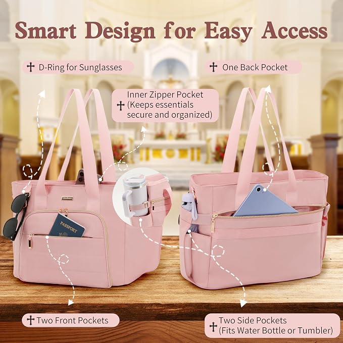 Large Bible Bag for Women, 2-in-1 Bible Tote with Detachable Embroidered Bible Cover & Study Supplies, Church Bible Study Bag, Gift-Ready Christian Gift for Women (Pink)