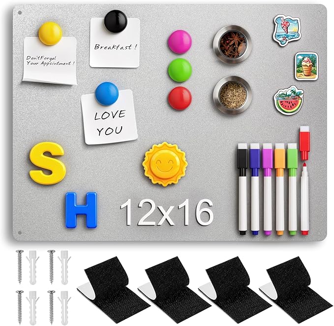12" x 16" Magnetic Board, Silver Magnet Bulletin Board to Display Magnetic Letters, Metal Board for Wall, Refrigerator Photo, with Dual Lock Tape and Screws, Marker Pen