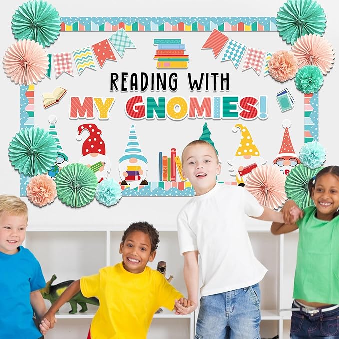 Back to School Gnomes Bulletin Board Decorations Set with 3D Tissue Paper Flower Paper Fan Reading My Gnomies Classroom Bulletin Board Border Gnomes Books Cutouts for Library Home Chalkboard Supplies