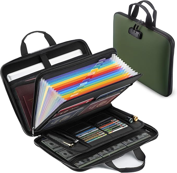 Fireproof Document Box with Combination Lock, Hard-Shell Fireproof File Organizer for Legal Documents, Laptop, Valuables & Important Papers, 13-Pocket Accordion File Folder