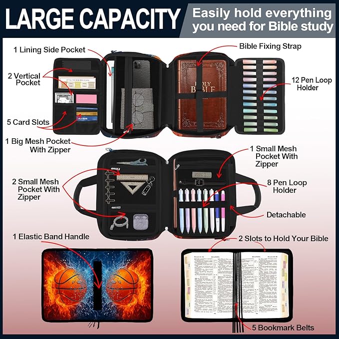 Basketball Bible Cover Case for Boys Kids, Ice Fire Ball Mens Large Bible Bag Book Carrying Case Handle Zipper Pocket, Bible Study Supplies Journaling Kit, Highlighters Tabs Pens Cross Clips