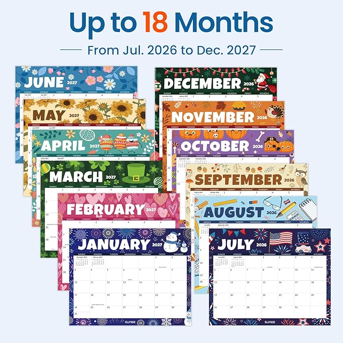 SUNEE Wall Calendar 2026-2027 18 Months Jul. 2026 - Dec. 2027, 14.5"x11.5" Big Grid Hanging Calendar with Note for Organizing & Planning, Monthly Calendar 2026-2027 with Last Month and Next Month, Seasons Color