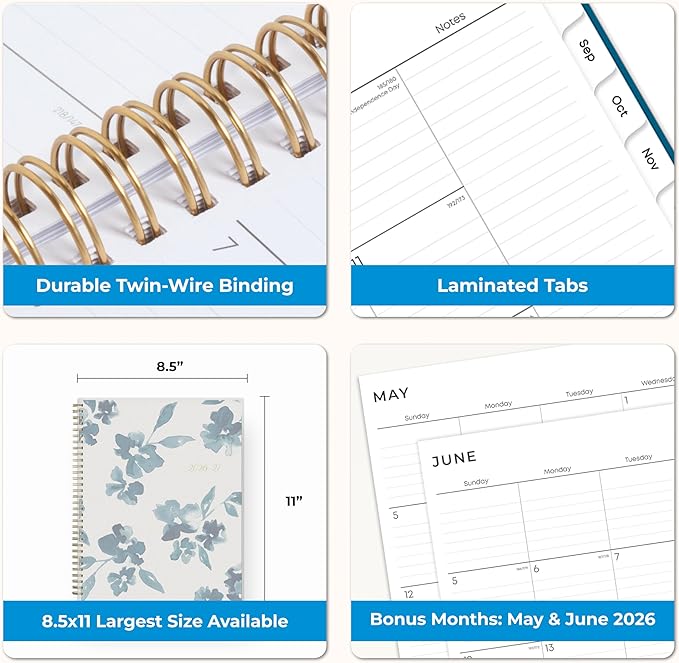 Blue Sky 2026-2027 Weekly and Monthly Academic Year Planner Calendar, July 2026 - June 2027, 8.5" x 11", Flexible Cover, Wirebound, Storage Pocket, Bakah Blue