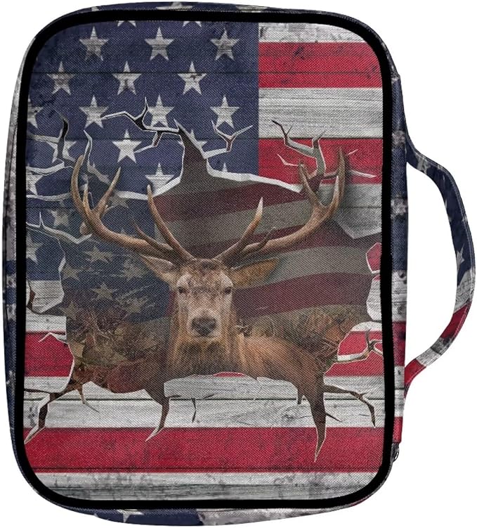 Suobstales 3D Deer American Flag Print Bible Covers for Women Men Bible Case Bible Bag and Tote Bible Accessories with Handle and Zippered Pocket Carrying Book Case