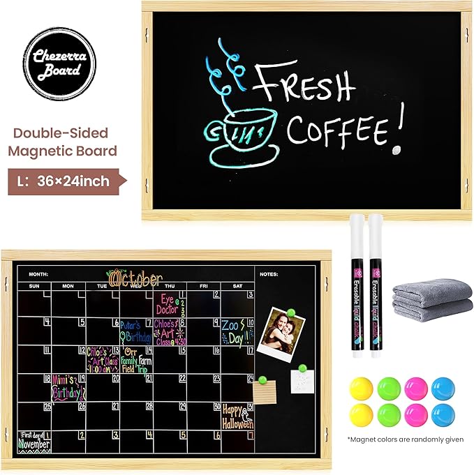 2-in-1 Double-Sided Magnetic Chalkboard 36"x24", Chalk Calendar Board & Large Blackboard for Kitchen & Home Decor, Schedule, Menu, Back-to-School Gift - Hanging Chalk Board with 2 Liquid Pens, Wood