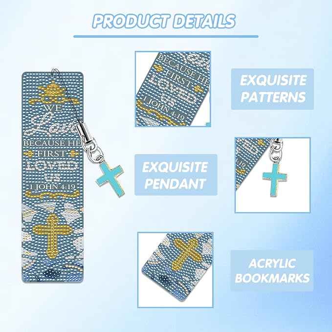 Christian Bible Diamond Art Bookmarks: 6 Pcs Bible Verse Diamond Painting Book Marks with Cross Pendant, Inspirational Religious Bookmark for Reading, DIY Crafts with Accessaries