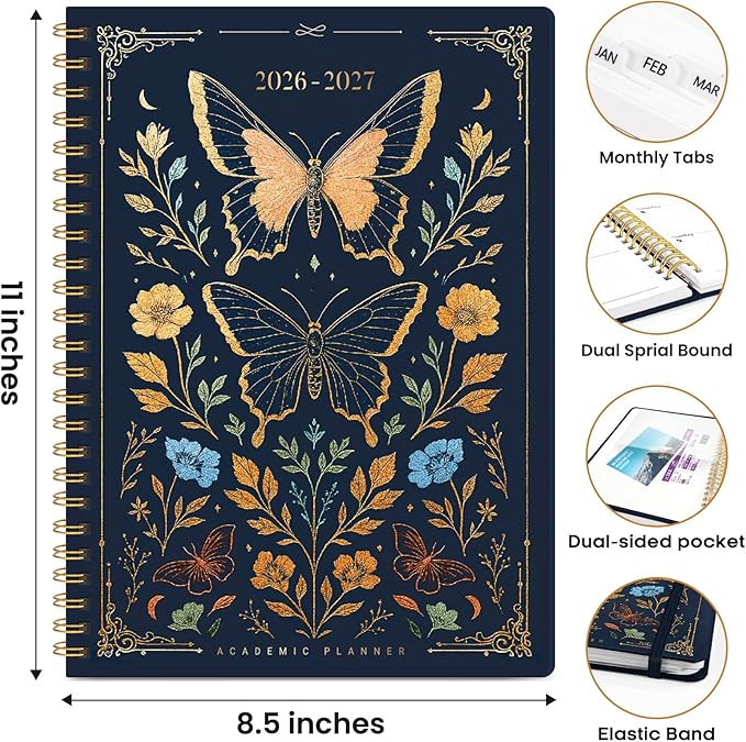 Academic Planner 2026-2027, Weekly and Monthly Calendar Book, July 2026 – June 2027, Hardcover Planner with Tabs, Perfect for Teachers, Students, Women & Men, A4 (8.5" x 11") - Golden Butterfly