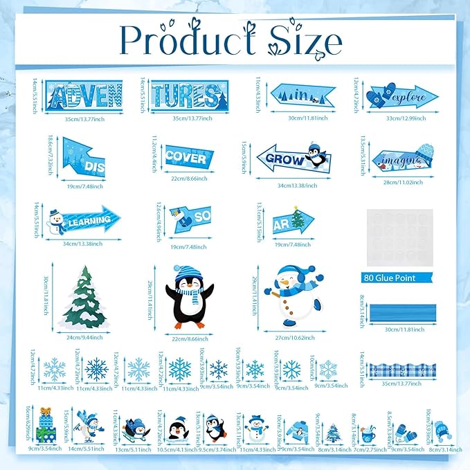 Winter Bulletin Board Set Winter Adventures Classroom Decorations Adventures in Learning Snowman Snowflake Penguin Paper Cutouts for January Holiday Party Supplies